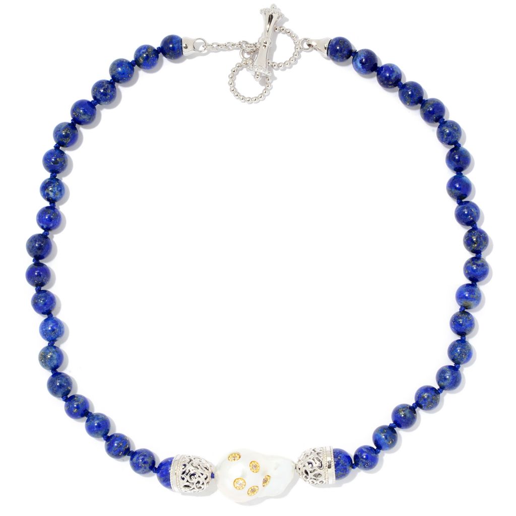 Natural Blue Lapis Bezel Set White Biwa Pearl Gold Plated Bracelet 8/'/'